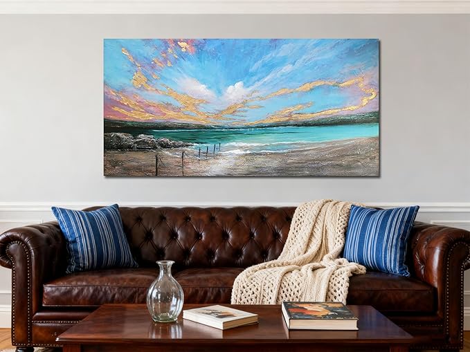 Arjun Ocean Teal Wall Art Canvas Coastal Beach Painting Blue Turquoise Landscape Sunset Picture, Panoramic Gold Foil Textured Large Artwork Framed for Living Room Bedroom Bathroom Wall Decor 40"x20"
