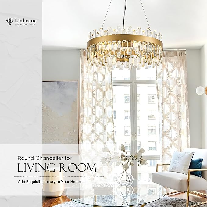 21.7" Gold Modern Crystal Chandelier Light Fixtures Luxury 2 Rings Crystal Chandeliers for Dining Room 12-Light Round Hanging Pendant Lighting for Living Room Kitchen Island Entryway Bedroom