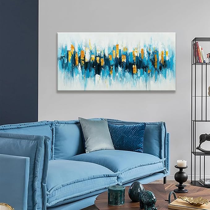 Blue Abstract Wall Art Living Room Abstract Painting Wall Decor Modern 24"X 48" Canvas Art Wall Decor Blue Gold Wall Art Canvas Prints Artwork Pictures For Bedroom Kitchen Artwork
