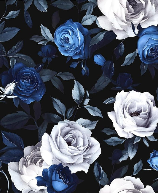 Black Foral Wallpaper Peel and Stick Dark Blue White Rose Contact Paper 17.4" x 393", Self-Adhesive Removable Vintage Flower Wall Paper for Bedroom Countertop Desk Cabinets Decor Renter Friendly