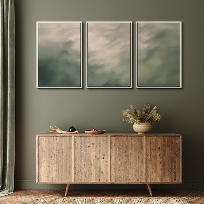 MUDECOR Framed Wall Art Print Set Soft Green Cloudscape Tranquil Abstract Nature Illustrations Modern Art Boho Decorative Colorful Chic for Living Room, Bedroom, Office - 16"x24"x3 White