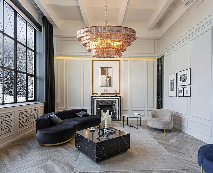 Large Chandelier, 36" Gold Chandelier for Dining Room, 6-Light Round Drum Kitchen Island Hanging Light Fixture Perfect for Living Room, Bedroom,Kitchen, Foyer