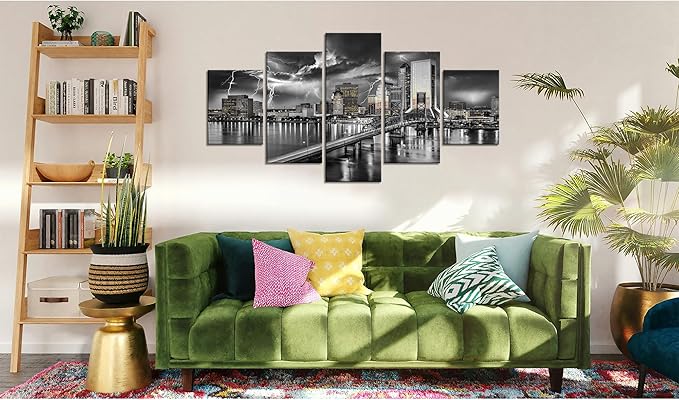 Cawpom Jacksonville Florida Wall Art Jacksonville Skyline Wall Decor Jacksonville Florida Bridge Picture Frame Lightning Strikes Canvas Print Storm City Painting Poster Home Decoration(60x32 inches)
