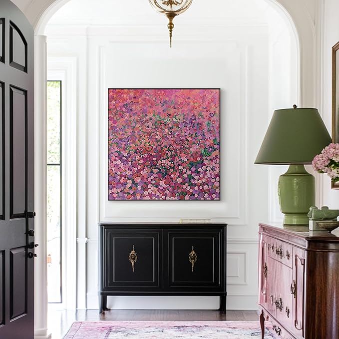 36"x36" Large Framed Wall Art Colorful Wildflower Garden Abstract Pink and Red Floral Field (Frame Assembly Required)