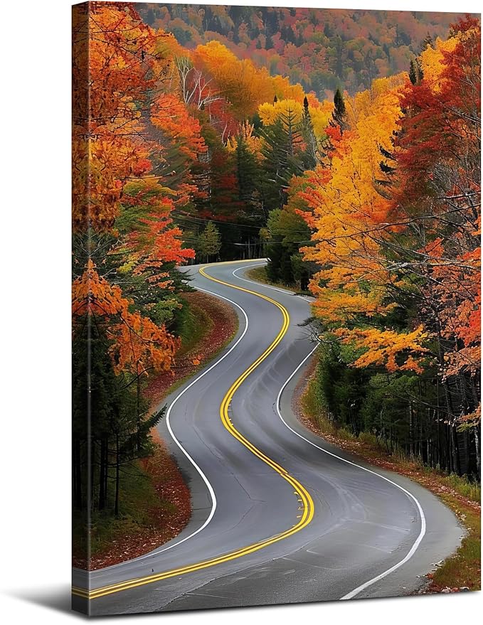 Large Forest Wall Art Autumn Mountain Pictures Wall Decor for Living Room Farmhouse Country Road Landscape Canvas Prints Nature Red Orange Woodland Artwork for Kitchen Office Home Decoration 24x36"