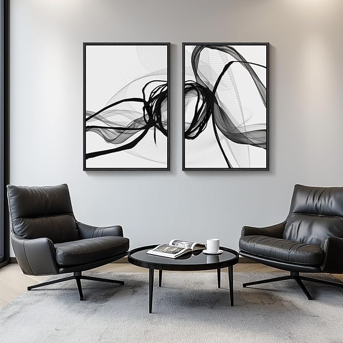 Large Framed Black and White Abstract Wall Art for Living Room, Set of 2 Modern Canvas Prints Paintings Artwork for Walls, Minimalist Lines Pictures for Dining Room Bedroom Office Wall Decor 24x36 In