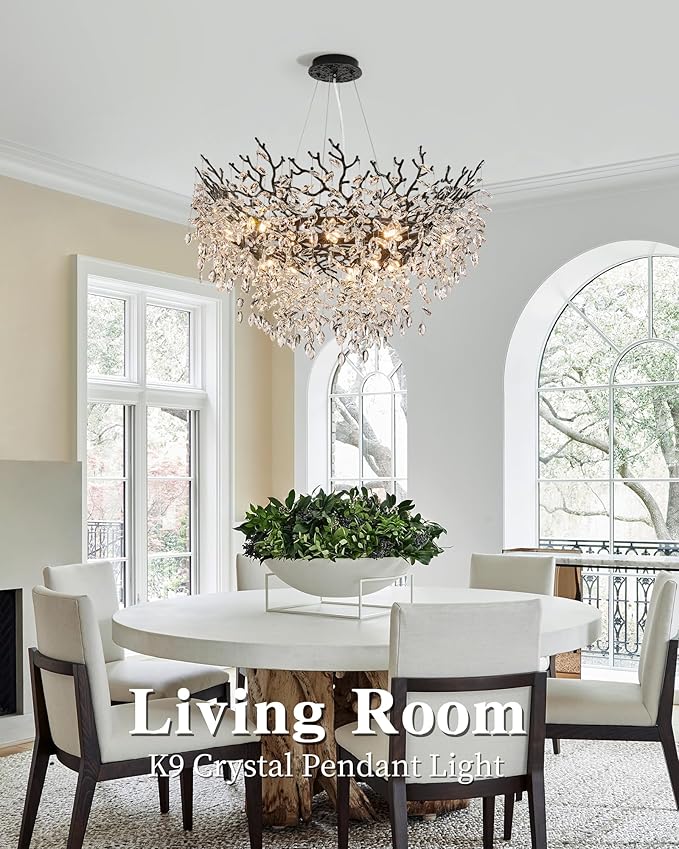 Modern Crystal Chandelier for Dining Room, 39.5" Black Tree Branch Chandeliers, 12-Light Luxury K9 Crystal Round Chandeliers for Kitchen Island Living Room