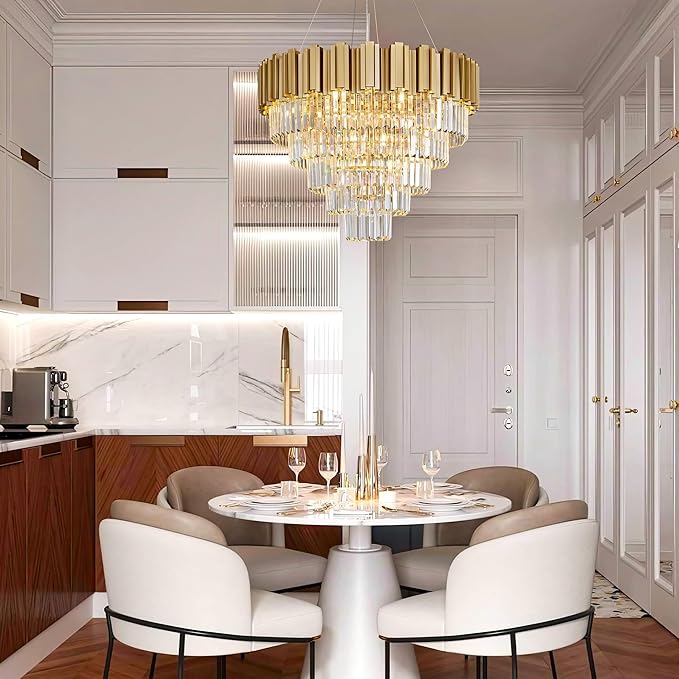 5-Tier 27.5" Modern Crystal Chandelier, 9-Light Gold Chandelier, Luxury Round K9 Crystal Chandeliers Pendant Light Fixture for Dining Room, Living Room, Bedroom, Foyer, Entryway, Kitchen, Restaurant