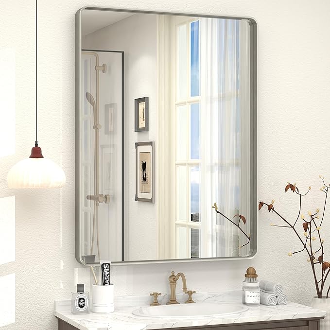 26x36 Inch Silver Bathroom Mirror for Wall, Brushed Metal Framed Bathroom Vanity Mirror, Modern Brushed Nickel Rectangle Mirror, Anti-Rust. Shatterproof (Horizontal/Vertical)