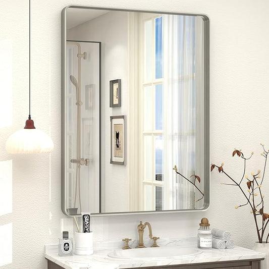 26x36 Inch Silver Bathroom Mirror for Wall, Brushed Metal Framed Bathroom Vanity Mirror, Modern Brushed Nickel Rectangle Mirror, Anti-Rust. Shatterproof (Horizontal/Vertical)