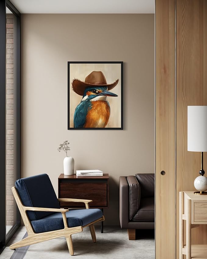 Kingfisher Cowboy Art Print Poster Wall Art, Western Country Farmhouse Wild West for Bedroom, Bathroom, Living Room Art Decor 58 (Kingfisher, 16 x 20 inches, Black Frame)