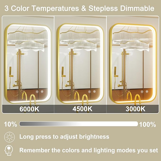 24x36 Inch Gold LED Bathroom Mirror with Lights, Adjustable 3000K/4500K/6000K, Wall Mounted Lighted Bathroom Vanity Mirror, Stepless Dimmable, Anti-Fog, Memory, Horizontal/Vertical