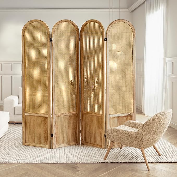 4 Panel Room Divider and Folding Privacy Screen, 5.6 Ft Foldable Double Hinged Rattan Partition, Hand-Woven Rattan Room Divider Portable Wood Freestanding Wall Divider for Room Separation - Natural