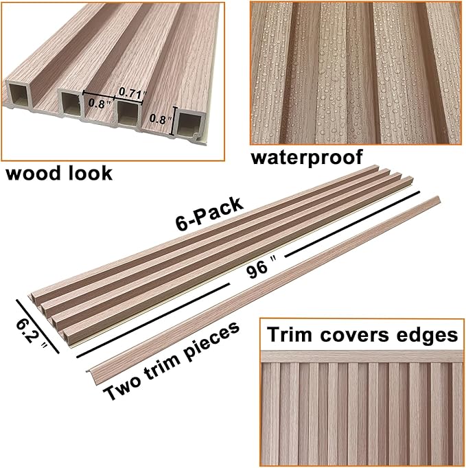6-Pack Slat Wall Panel with 2 Trims Wood Grain Slat Wall 96" x 6.2" WPC Slats 3D Wall Panels Oak Grille