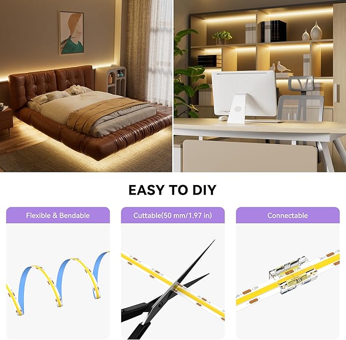 MIWISE COB LED Strip,3000K Warm White 20ft/6.1m,Dimmable Super Bright 24V LED Strip Light,CRI 90+ Flexible Tape Light with RF Remote Timer Function,for Home/Cabinet/Bedroom/TV DIY Lighting Project
