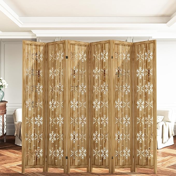 Casaphoria 6 Panels Room Divider, Folding Screen Room Divider with Snowflake Pattern for Home Office, Restaurant and Bedroom, Paulownia Wood, 95" W x 67" H (Natural)