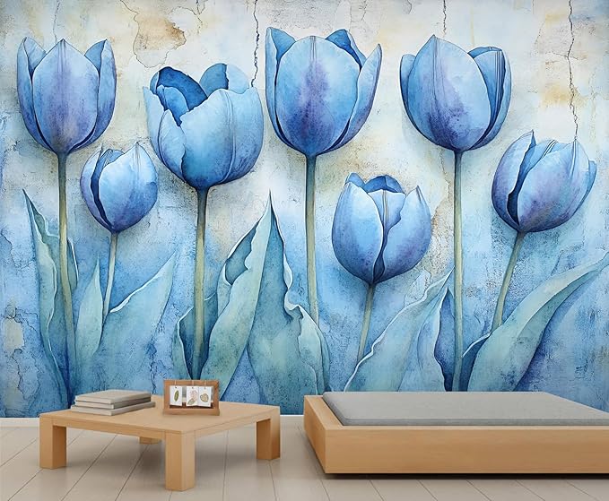 Blue Flowers Mural Wallpaper, Watercolor Flowers Murals, European Simple Wall Art Murals Wallpaper for Living Room Bedroom Home Decor Mural - 59" W x 39.28" H (Not Peel Stick)