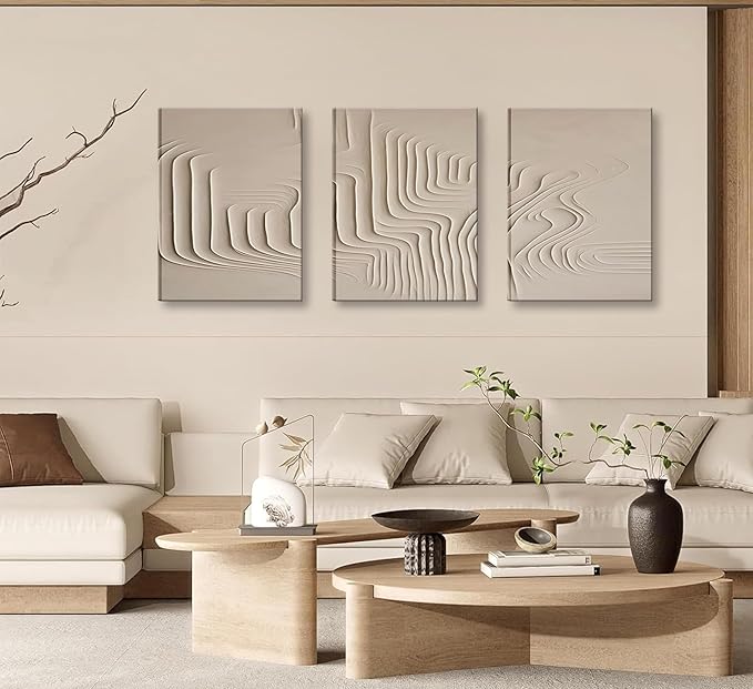 3Pcs Framed Beige Cream Abstract Textured Line Art Curved Canvas Wall Art Prints Posters Pictures Paintings Wall Decor for Minimalist Boho Living Room Bedroom Office Decoration
