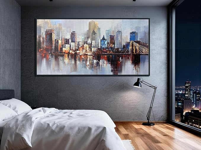 Arjun Brooklyn Bridge Wall Art Modern New York Abstract Canvas Cityscape Painting NYC Skyline Textured Picture for Living Room Bedroom Home Office Wall Decor Extra Large Size Black Wood Framed 58"x29"