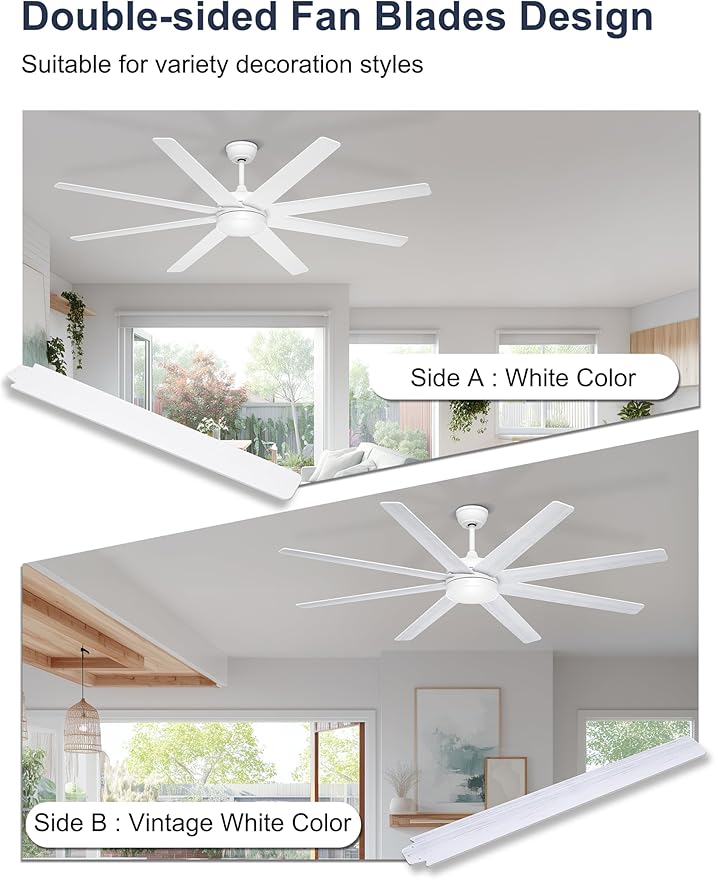 72 Inch Large Ceiling Fans with Lights, 8 Blades White Ceiling Fan Remote/APP Control, Dimmable, Reversible Big Ceiling Fan for Indoor/Covered Outdoor