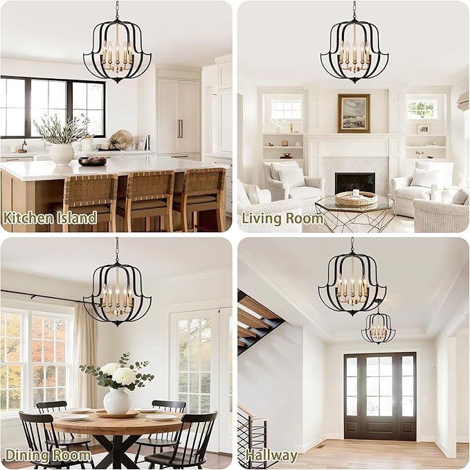 19" Black and Gold Chandelier for Dining Room, 5-Light Rustic Farmhouse Chandeliers Modern Industrial Hanging Pendant Light for Kitchen Entryway Hallway Foyer Living Room