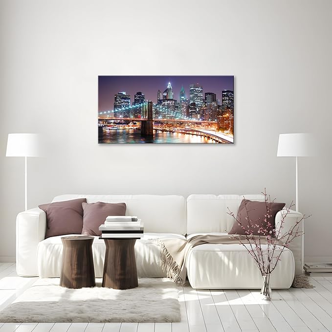 NAN Wind 1PCS New York City Skyline Canvas Wall Art Brooklyn Bridge at Sunset Golden Hour Manhattan Cityscape Pictures Canvas Artwork East River Reflection Modern Urban Home Decor Living Room Office
