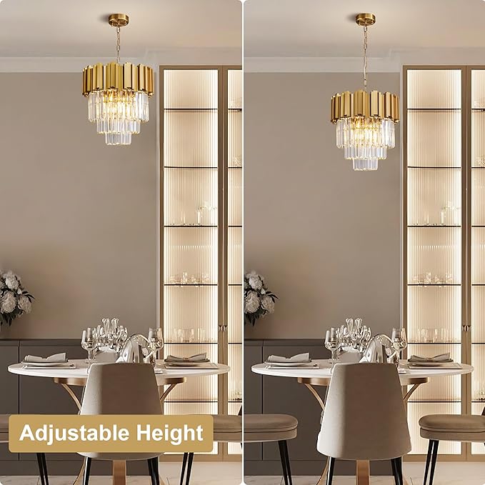 3-Tier 15.8" Modern Gold Crystal Chandelier, 5-Light Round K9 Crystal Pendant Light Fixture for Dinning Room, Kitchen Island, Bedroom, Living Room, Foyer, Entryway