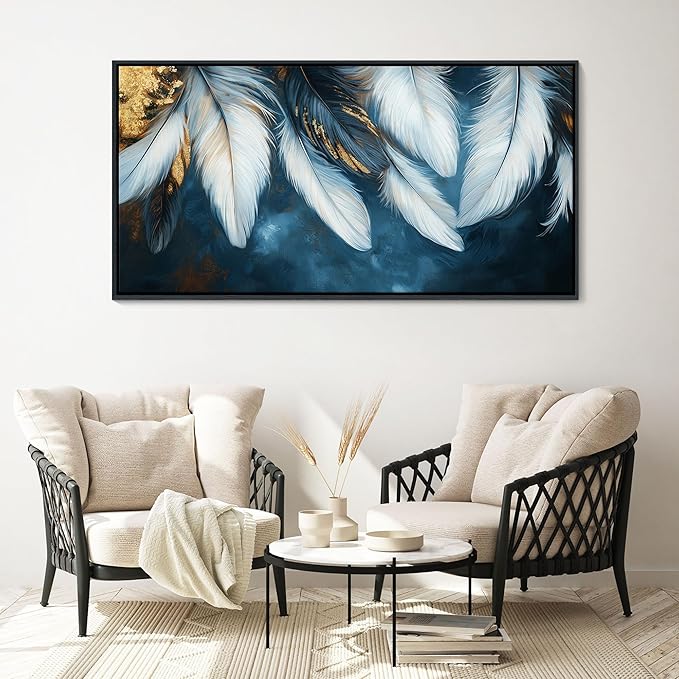 Mofutinpo Blue and Gold Wall Art Framed Navy Blue Decor for Living Room Feather Canvas Art Wall Decor, Blue Bedroom Wall Decor Above Bed Pictures, Painting - Artwork for Walls 29×58IN