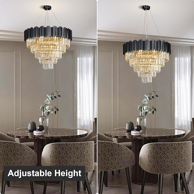 5-Tier 27.5" Black Chandelier, 9-Light Modern Crystal Chandelier, Luxury Round K9 Crystal Chandeliers Pendant Light Fixture for Dining Room, Living Room, Bedroom, Foyer, Entryway, Kitchen, Restaurant