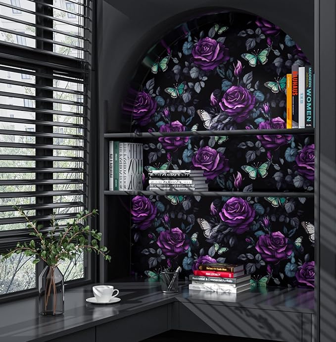 Black Foral Wallpaper Peel and Stick, Dark Purple Rose Contact Paper, Waterproof Self-Adhesive Flower Butterfly Wall Paper for Bedroom Countertop Desk Cabinets Decor 17.4" x 118" Renter Friendly