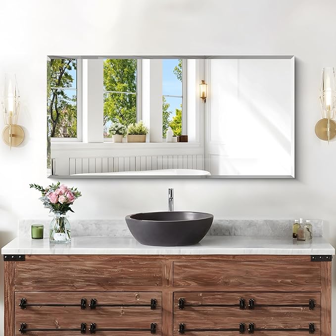 KOCUUY Beveled Mirror, 20x40 Inch Frameless Bathroom Mirror for Over Sink, Upgraded Shatterproof Beveled Unframed Design Mirror for Bathroom, Bedroom, Hang Horizontal/Vertical