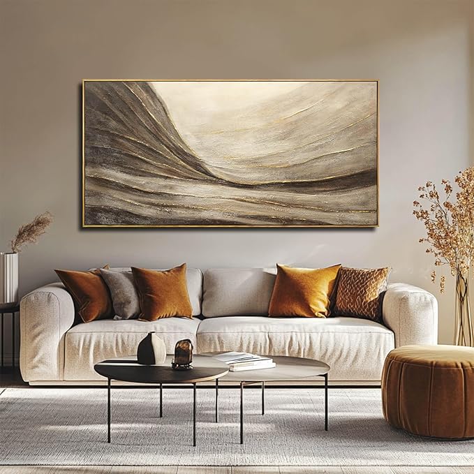 Modern Abstract Wall Art with Frame Brown and Grey Painting Wave Poster Line Canvas for Living Room Bedroom Textured Home Decor 24x48 Inch