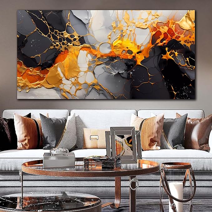 Canvas Wall-Art Black and White - Large Abstract Wall Art for Living Room - Yellow Wall Decor Bedroom Office Pictures Size 29" x 59"