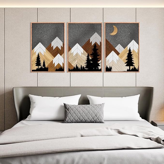 CHDITB Mountain Framed Canvas Wall Art Set, Country Wood Style Wall Decor, Rustic Farmhouse Wall Painting, Forest Nature Art Print for Living Room, Bedroom, Dinning Room, Office - Large Size 16"x24"x3