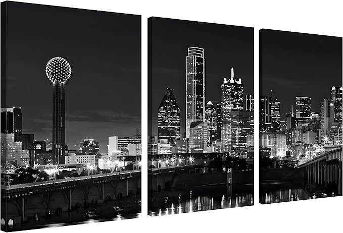 NAN Wind 3 Pcs Dallas Skyline Canvas Wall Art Black and White Cityscape Night Scene Modern City Giclee Prints on Canvas Framed Urban Home Decor Skyscrapers Picture Painting for Room Decor