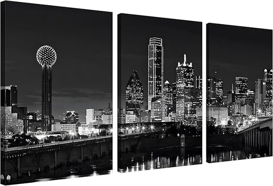 NAN Wind 3 Pcs Dallas Skyline Canvas Wall Art Black and White Cityscape Night Scene Modern City Giclee Prints on Canvas Framed Urban Home Decor Skyscrapers Picture Painting for Room Decor