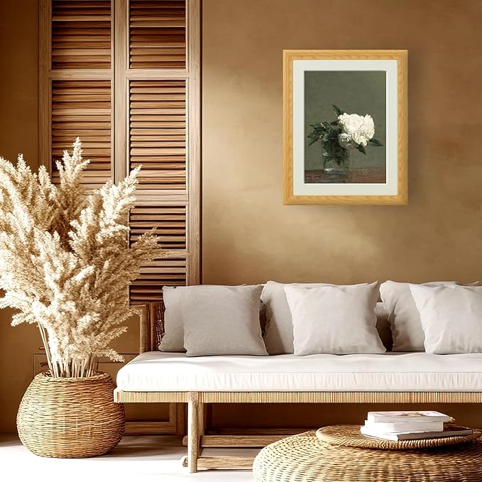 Brivoria Framed Canvas Wall Art Vintage Decor, White Roses in Glass Vase Realist Still Life Floral Print with Dark Olive Background for Living Room Dining Room Office Gallery Wall Decor, 16"x20"