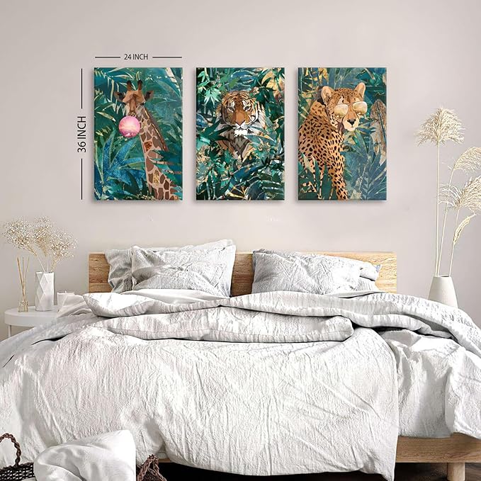 Large Boho Animal Canvas Wall Art Living Room Bedroom Wall Decor Tiger Leopard Giraffe Wildlife Paintings Vintage Green Leaves Plants Artwork Kitchen Turquoise Bohemia Home Decorations 24x36" 3 Pieces
