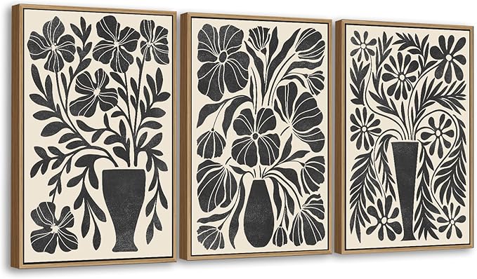 arteWOODS Botanical Framed Wall Art - Neutral Abstract Pictures Vintage Boho Floral Wall Decor Black Beige Minimalist Prints Aesthetic Vase Flowers Painting Artwork 20" x 28" Set of 3 Natural Framed
