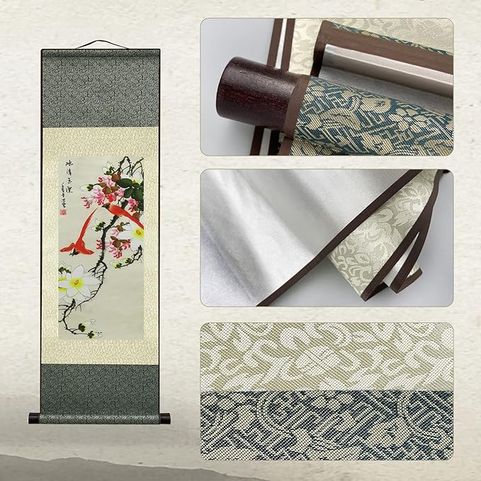 AtfArt Wall Art 4 Pack Asian Decor Birds & Flowers Silk Scroll Painting (36.2 x 12 in) - Chinese Art Wall Hanging, Fade-Resistant, Home Office