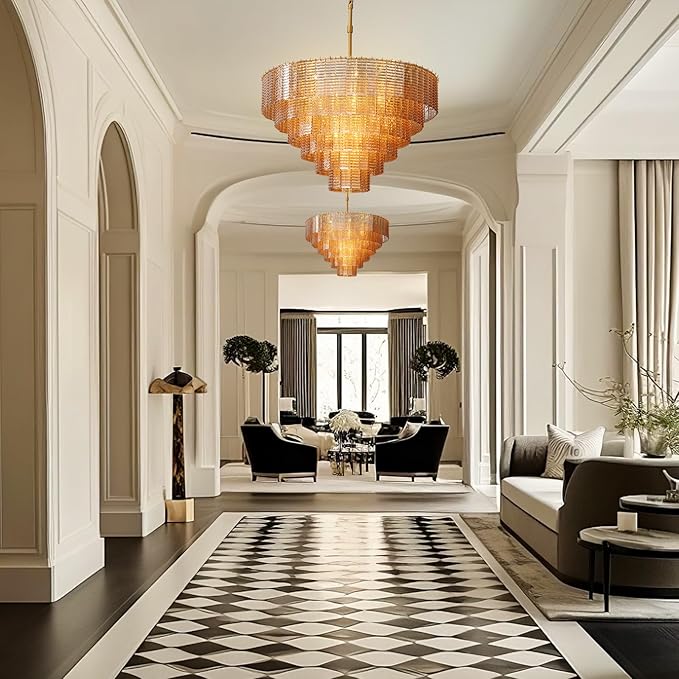 41" Large Chandelier, 18-Light Gold Chandelier for Ding Room, Tiered Amber Round Drum Chandeliers, Crystal Glass Kitchen Island Hanging Light Fixture for Living Room, Foyer, Entryway & Bedroom