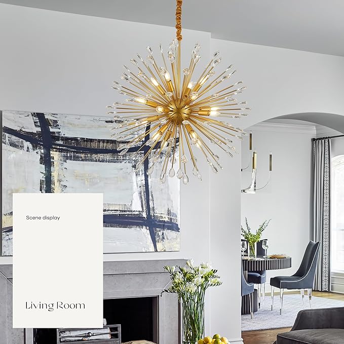 16-Light Gold Sputnik Chandeliers, 31" Starburst Firework Pendant Light fixtures, Mid-Century Modern Satellite Ceiling Lights for Dining Room, Kitchen, Bedroom, Living Room, E12