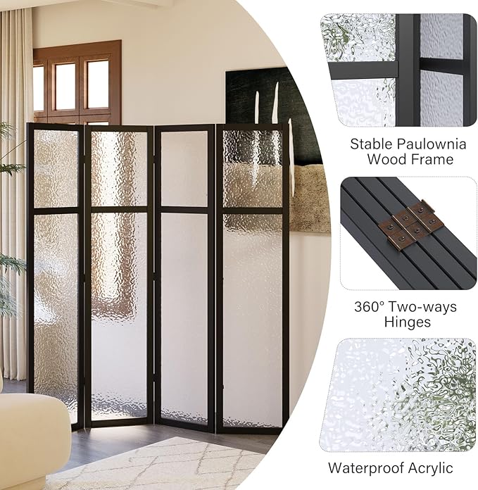 Acrylic Room Divider,4-Panel Freestanding Partition Screen, Frosted Translucent Privacy Panel - Lightweight Modern Divider for Home Office Studio (Black, 4 Panels)