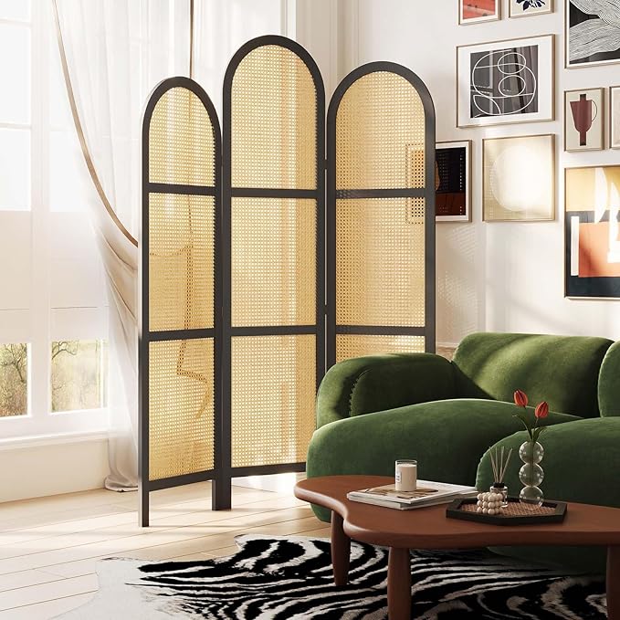 3-Panel Hand-Woven Rattan Room Divider, Tall Foldable Privacy Screen with Wooden Frame - Freestanding Portable Partition for Home Office, Bedroom, Bathroom(Black-Wave)