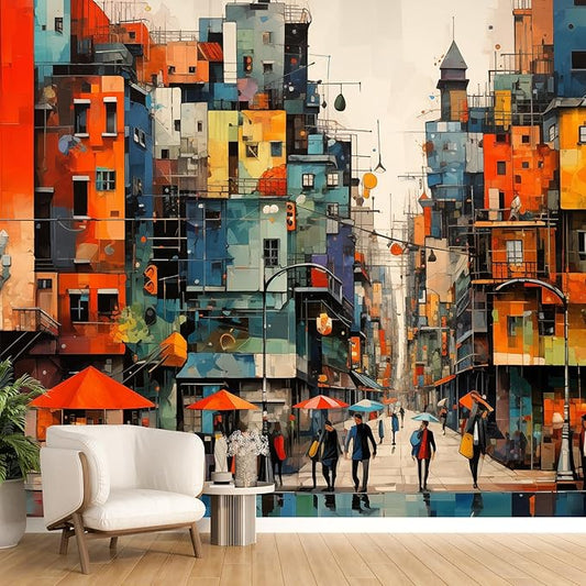 Colorful Modern City Wall Murals 3D Peel and Stick 148" W x 98" H Hand Painted City Wallpaper Removable Graffiti Wall Paintings People Building Abstract Wall Decor for Bedroom Bathroom Office
