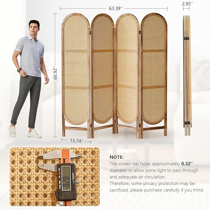 4 Panel Room Divider, Double Hinged Foldable Wooden Room Divider, Individual Privacy Screen Made of Hand-Woven Rattan, Portable Wall Divider for Home Office Bedroom Bathroom (Natural)