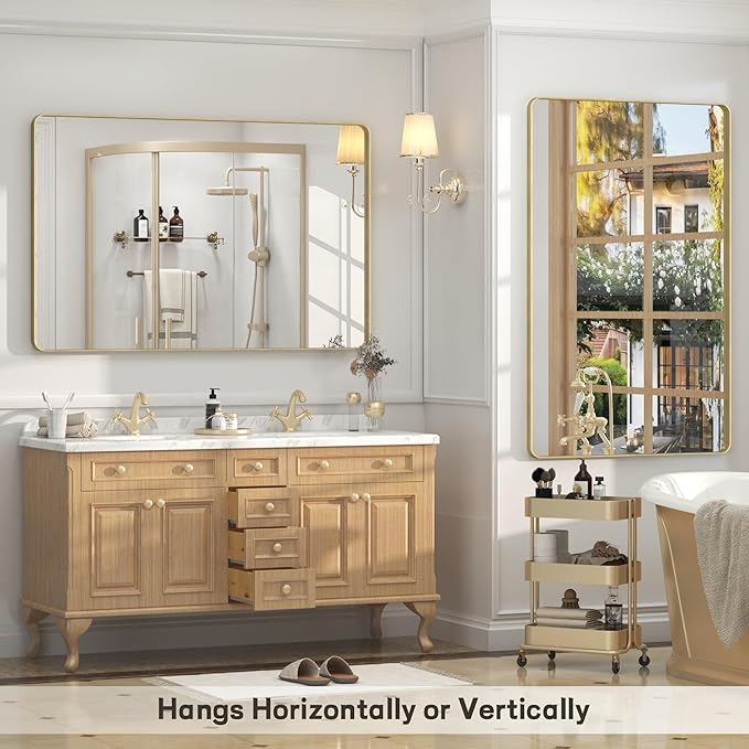 60x36 Inch Gold Framed Bathroom Mirror, Rectangle Brushed Gold Metal Vanity Mirror, Gold Rectangle Mirror for Wall, Rounded Corner, Tempered Glass, Anti-Rust, Shatterproof (Horizontal/Vertical)