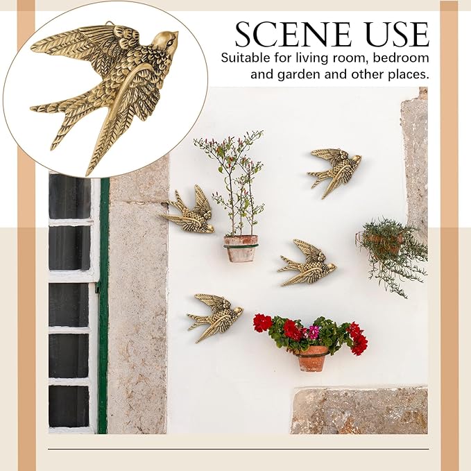 2 Pcs Vintage Bird Wall Sculpture Decor Art 4.7 Inch Antique 3D Sculpted Hanging Bird Resin Wall Art Golden Brass Rustic Floating Ornament for Halloween Living Room Garden Indoor, Gift for Christmas