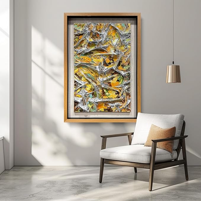 BrightA Textured silver leather abstract art - vibrant spray-painted fluid colors (yellow/orange/green) with solid wood frames, modern wall sculptures, contemporary living room 39.4"x59"