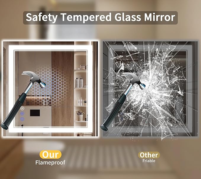 36"x36" LED Bathroom Mirror with Lights, Anti-Fog, Backlit + Front Lit, Dimmable, Led Vanity Mirror for Wall, 3 Colors, Memory Function, Shatter-Proof Tempered Glass